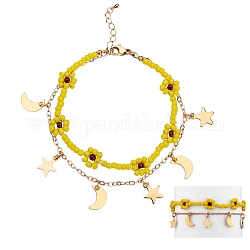 Bracelet multirangs fleurs tressées en graines de verre, 304 bracelet à breloques lune et étoile en acier inoxydable avec chaînes en laiton pour femme, or, jaune, 7-1/8 pouce (18 cm)