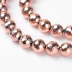 Faceted Round Non-Magnetic Synthetic Hematite Beads Strands, Rose Gold Plated, 8mm, Hole: 1mm, about 51pcs/strand, 15.7 inch