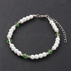Glass Pearl Anklets, with Glass Beads, Iron Beads and Zinc Alloy Lobster Claw Clasps, Light Green, 230mm