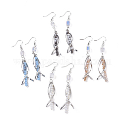 Dangle Earrings, with Glass Beads, 304 Stainless Steel Pendants and Platinum Plated Brass Earring Hooks, Twist, Mixed Color, 76~79mm, Pin: 0.6mm