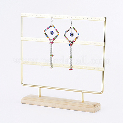 Iron 3-Tier Earring Display Stand, for Hanging Dangle Earring, with Wood Pedestal, Golden, 25.4x25.2x5.1cm