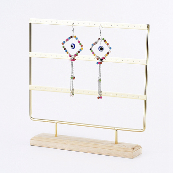Iron 3-Tier Earring Display Stand, for Hanging Dangle Earring, with Wood Pedestal, Golden, 25.4x25.2x5.1cm