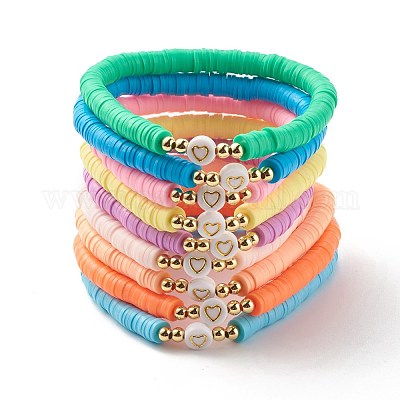 NBEADS 4pcs 4 Styles Polymer Clay Heishi Beads Stretch Bracelets Sets, Stackable Bracelets, with 304 Stainless Steel Spacer Beads and Brass