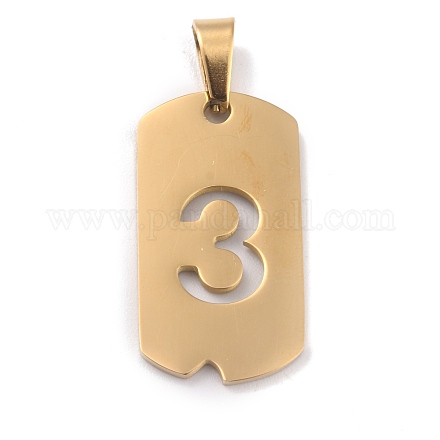 イオンメッキ304ステンレス鋼ペンダント  手動研磨  数の長方形  ゴールドカラー  NUM。3  27.5x14.5x1.5mm  穴：3.5mm STAS-O127-D03-1
