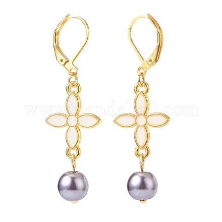 Trébol de aleación esmaltada con aretes colgantes largos de perla de vidrio EJEW-JE05053-01-1