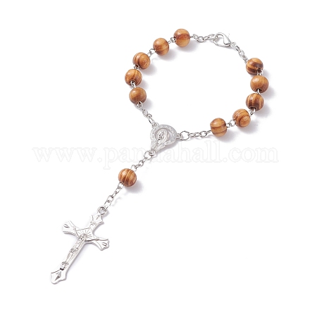 Religious Prayer Pine Wood Beaded Rosary Bracelet BJEW-O140-02P-1
