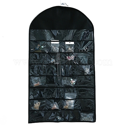 不織布ジュエリーハンギングバッグ  壁の棚のワードローブの収納袋  透明なPVC32グリッド  ブラック  82.5x46.5x0.4cm AJEW-B009-01C-1