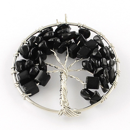 Tree of Life Handmade Black Stone Bead Brass Wire Wrapped Big Pendants G-S202-01-1