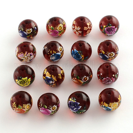 Flower Picture Transparent Glass Round Beads GFB-R004-14mm-M16-1