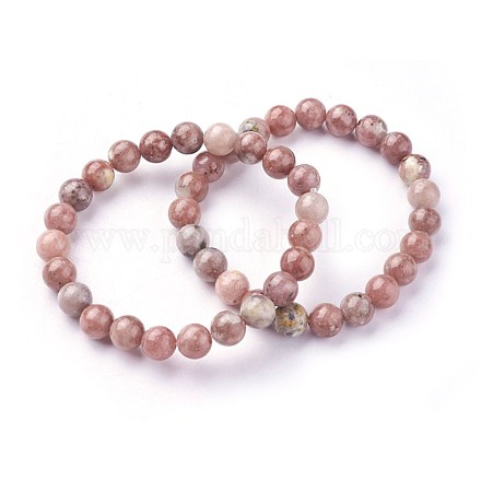 Bracciali elasticizzati in perle di giada naturale con fiori di prugna X-BJEW-F380-01-B08-1