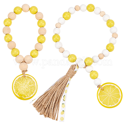 Gorgecraft 2pcs 2 style guirlande de perles en bois de citron avec gland de jute rustique HJEW-GF0001-26-1