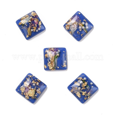 クリア樹脂カボション  花と金/銀箔付き  正方形  スチールブルー  16x16x6mm X-CRES-P019-05C-1
