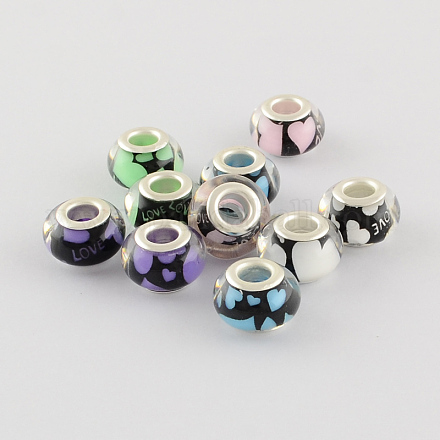 Large Hole Heart Pattern Resin European Beads with Silver Color Plated Brass Double Cores X-OPDL-R113-M3-1