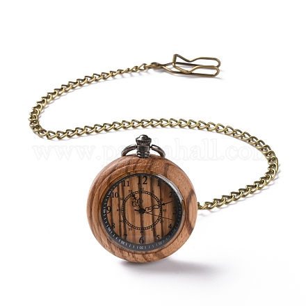 Ebony Wood Pocket Watch with Brass Curb Chain and Clips WACH-D017-A12-03AB-1
