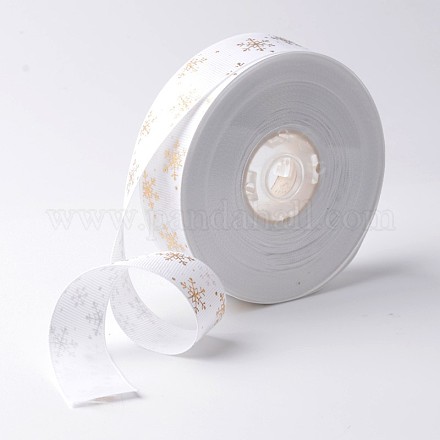Ruban gros-grain polyester imprimé motif flocon de neige doré SRIB-K002-25mm-M01-1