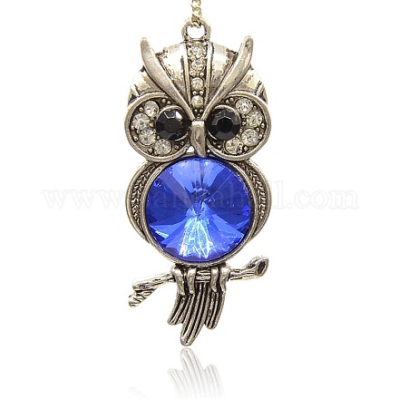 Antique Silver Plated Alloy Rhinestone Owl Big Pendants for Halloween Jewelry RB-J189-05AS-1