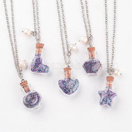 Glass Bottle with Glass Caviar Nail Beads inside Pendant Necklaces NJEW-JN01574-1