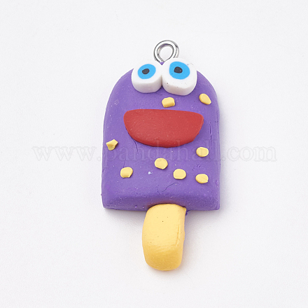 手作り樹脂粘土ペンダント  鉄パーツ  笑顔でアイスクリーム  プラチナ  青紫色  34~35x16~17x8~9mm  穴：2mm CLAY-T012-23A-1
