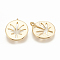Brass Charms, Flat Round with Leaf, Nickel Free, Real 18K Gold Plated, 12x10.5x1mm, Hole: 1mm