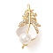 Brass Micro Pave Cubic Zirconia & Natural Shell & ABS Plastic Pearl Fold Over Clasps, Leaf, Real 18K Gold Plated, 23.5x11.5x12mm, Hole: 1mm