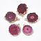 Natural Druzy Agate Pendants, with Brass Finding, Golden Tone Edge Plated, Dyed, Nuggets, Deep Pink, 22~33x18~25x5~7mm, Hole: 1.2~2mm