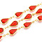 Brass Teardrop Link Chains, with Glass, Soldered, with Spool, Long-Lasting Plated, Golden, Dark Red, 16.5x7x2.5~3mm, about 32.81 Feet(10m)/Roll