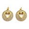 Brass Micro Pave Clear Cubic Zirconia Pendants, Long-Lasting Plated, Flat Round with Heart Pattern, Real 18K Gold Plated, 18x15.5x3.3mm, Hole: 2mm, jump ring: 4x1mm