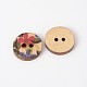 2-Hole Flat Round Flower Printed Wooden Sewing Buttons BUTT-M011-25-2