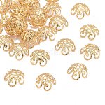 Flower Brass Fancy Bead Caps, Lead Free & Nickel Free & Cadmium Free, Real 18K Gold Plated, 4x10mm, Hole: 1mm