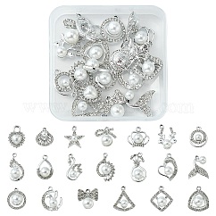 20 stücke 20 stil legierung kristall strass anhänger, mit Perlen aus ABS-Kunststoffimitat, Anhänger mit Krone, Hirsch, Stern, Blume, Herz, Mond, Schleife und Fischschwanz, Platin Farbe, 17~26x12.5~18.5x4.5~10 mm, Bohrung: 1.6~2.5 mm, 1pc / style