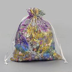 Pochette organza pour cadeaux, sacs à cordonnet, pochettes en organza pour pot-pourri, avec motif corail coloré, rectangle, blanc, 7x5 cm