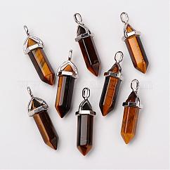 Ciondoli a punta con doppia estremità in occhio di tigre naturale, con bails cappuccio esagonale ciondolo in lega casuale, proiettile, platino, 37~40x12mm, Foro: 3 mm