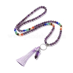 Natürliche Amethyst-Kugel- und Quastenanhänger-Halskette mit gemischten Edelstein-Perlenketten&nbsp;NJEW-E585-02C