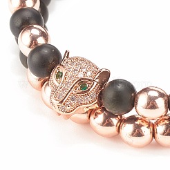2pcs 2 bracelets de perles tressées en obsidienne naturelle et hématite synthétique serties de léopard en zircone cubique&nbsp;BJEW-JB08119