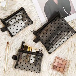 4 bolsa cosmética de nailon con cremallera y estampado de corazones flocados en 2 colores&nbsp;FIND-SP0005-81A