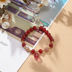 Braccialetto elasticizzato con perline di quarzo fragola e corniola naturale (tinta e riscaldata) con ciondoli di fragola di vetro per donna&nbsp;BJEW-JB09026