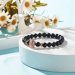 Bracelet extensible perlé rond en pierre synthétique noire avec lion en laiton&nbsp;BJEW-JB07864-01