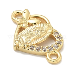 Dijes de conector de Virgen María con corazón religioso de circonita cúbica transparente y micropavé de latón chapado en rack&nbsp;KK-L224-099G-01