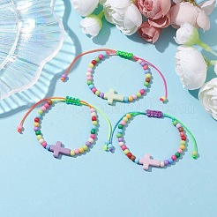 Kreuz- und runde geflochtene Acrylperlenarmbänder&nbsp;BJEW-JB10239-01