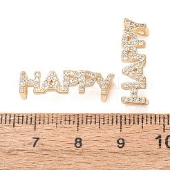 Breloques de connexion en laiton serties de micro-pavés de zircon cubique transparent et ornées du mot « happy links »&nbsp;KK-K002-32B-G