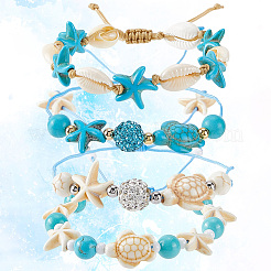 4 Stück 4 Stil Schildkröte & Seestern & runde synthetische grün türkis geflochtene Perlen Armbänder Sets&nbsp;BJEW-SC0001-43