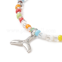 Buntes Stretch-Armband aus Saatperlenperlen mit Messinganhängern für Damen&nbsp;BJEW-JB09218-04
