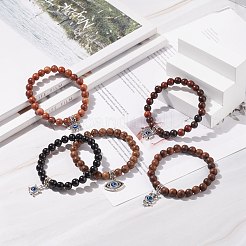 Bracciale elasticizzato in legno naturale con perline rotonde&nbsp;BJEW-JB08223