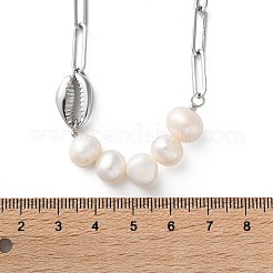 Colliers en acier inoxydable 304 avec coquillages et perles naturelles et chaîne trombone pour femmes&nbsp;NJEW-A045-17P