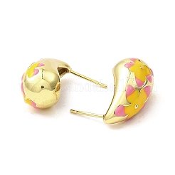 Tropfen mit Blume echte 18k vergoldete Messing Emaille Ohrstecker&nbsp;EJEW-L270-013G-03
