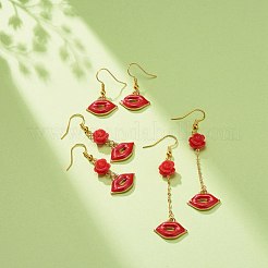 3 paio di 3 ciondoli smaltati in lega rossa stile e orecchini pendenti con perline rosa&nbsp;EJEW-JE05031-01