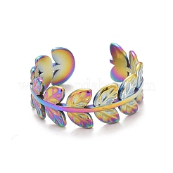 Anillo abierto con diseño de hoja de acero inoxidable 304 con revestimiento de iones (IP) en colores arcoíris para mujer&nbsp;RJEW-C025-16M
