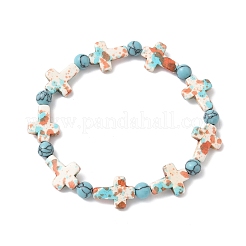 Braccialetti elastici con perline rotonde e croce in turchese sintetico con vernice da forno per uomo e donna&nbsp;BJEW-JB12341-01
