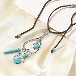 Collares largos con colgante de corazón de turquesa sintética y plumas de aleación de estilo bohemio para mujer&nbsp;NJEW-G158-01A