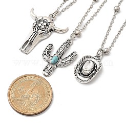 3 pz 3 stili retrò lega sintetica turchese testa di mucca/cactus/ovale pendente collana catena satellite set per le donne&nbsp;NJEW-B120-01C